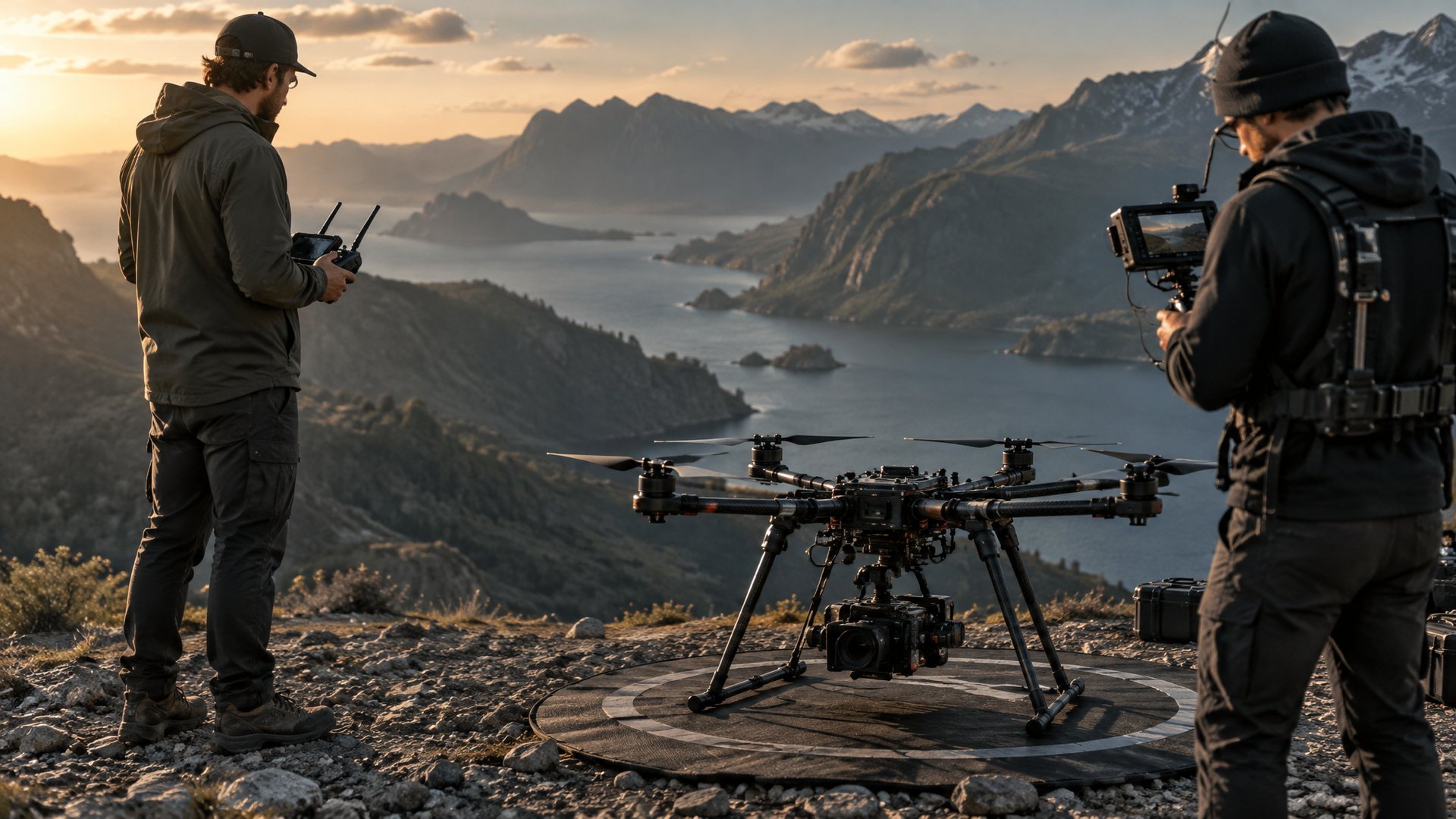 Drone pilot and camera operator preparing a cinema drone for take-off on location